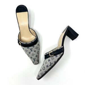 Louis Vuitton LV Monogram Logo Blue Denim Slip On Mules Mid High Heels 36.5 6.5